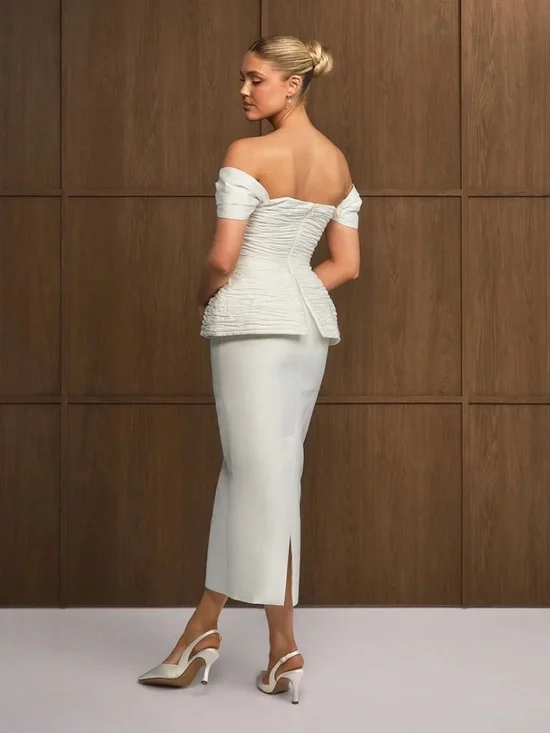 White Ivory Bridal Peplum Midi Dress - Picture 3 of 3